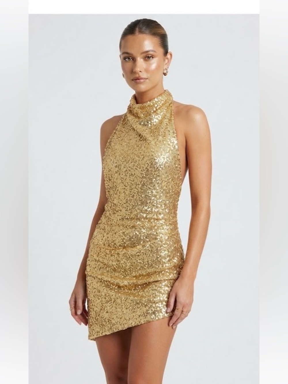 Amanda Uprichard Samba Gold Sequin Halter Dress